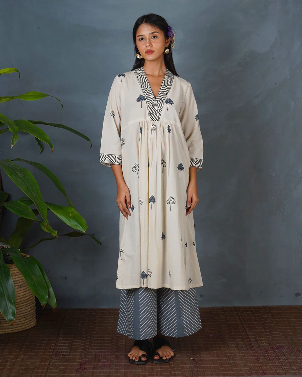 Grey Bloom Ivory Block Printed Kurti - BMS - Image 4