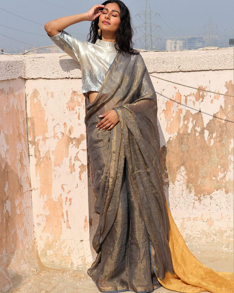 Vidhu Handwoven Linen Saree-Melting Moon - Image 9