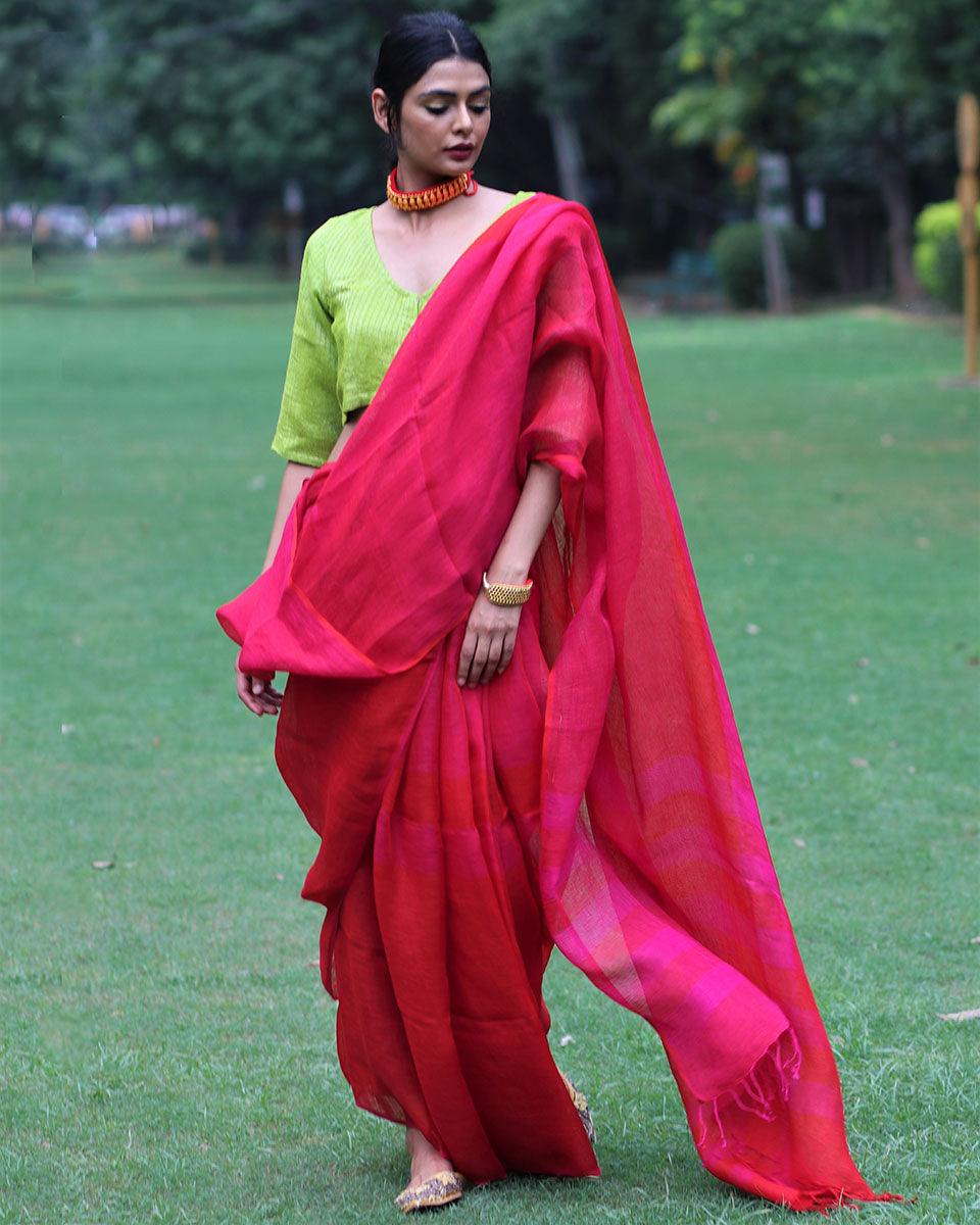 Gulnar Handwoven Linen Saree - Bageechaa - Image 2