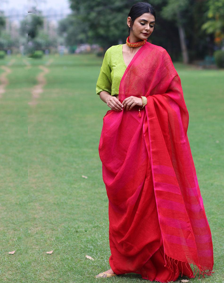 Gulnar Handwoven Linen Saree - Bageechaa - Image 6