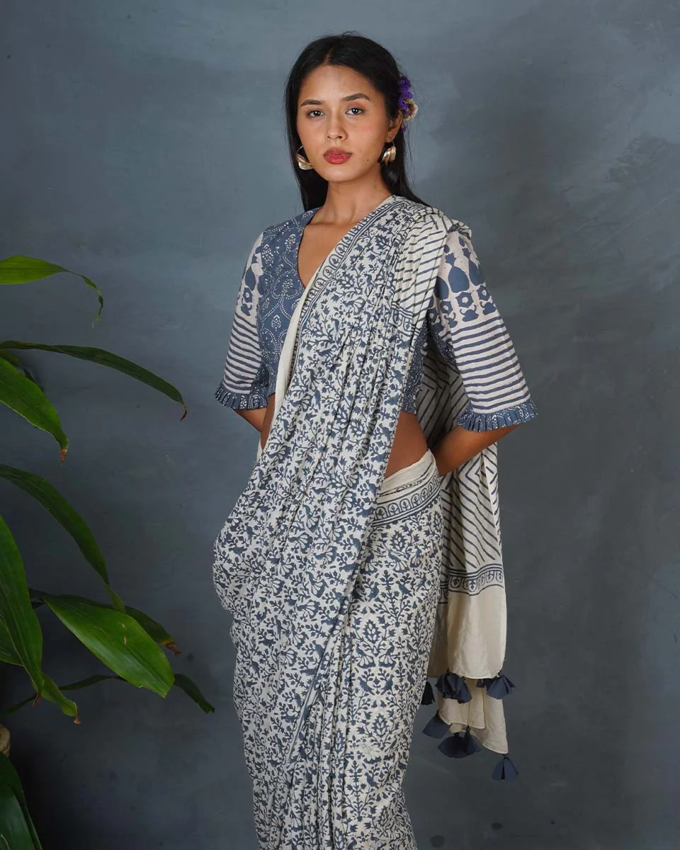 Haze Tide Ivory Block Printed Saree - BMS - Image 9