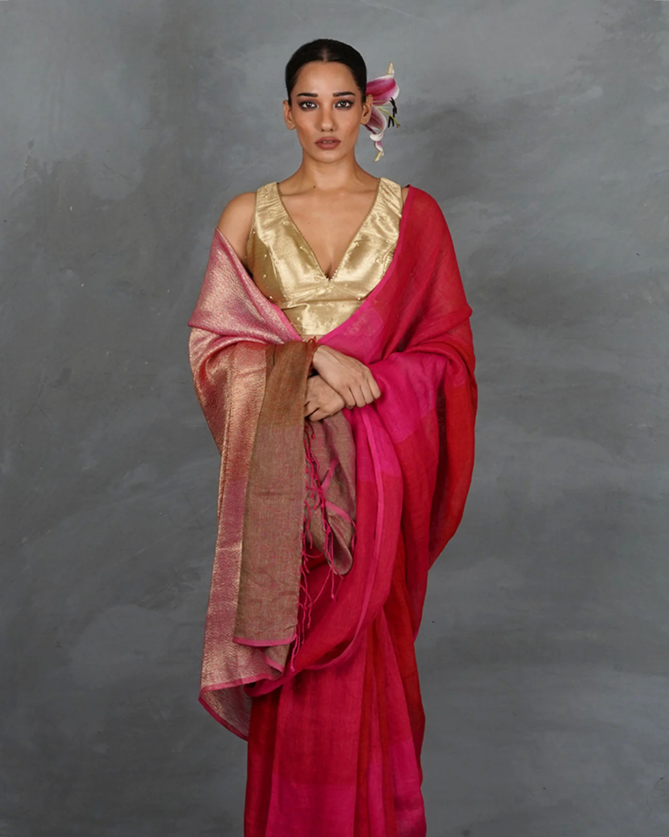 Inner Glow Red With Pink Handwoven Linen Saree - TARA - Image 2