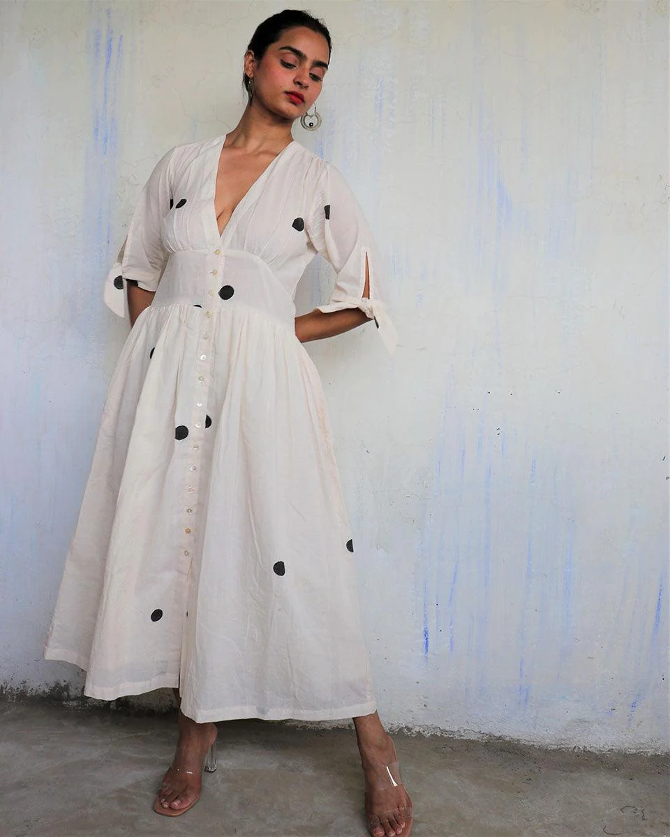 Ivory Pure Cotton Polka Dot Dress-Mono