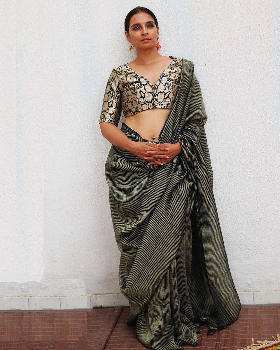 Jade Black Handwoven Linen Zari Saree - TOG - Image 2