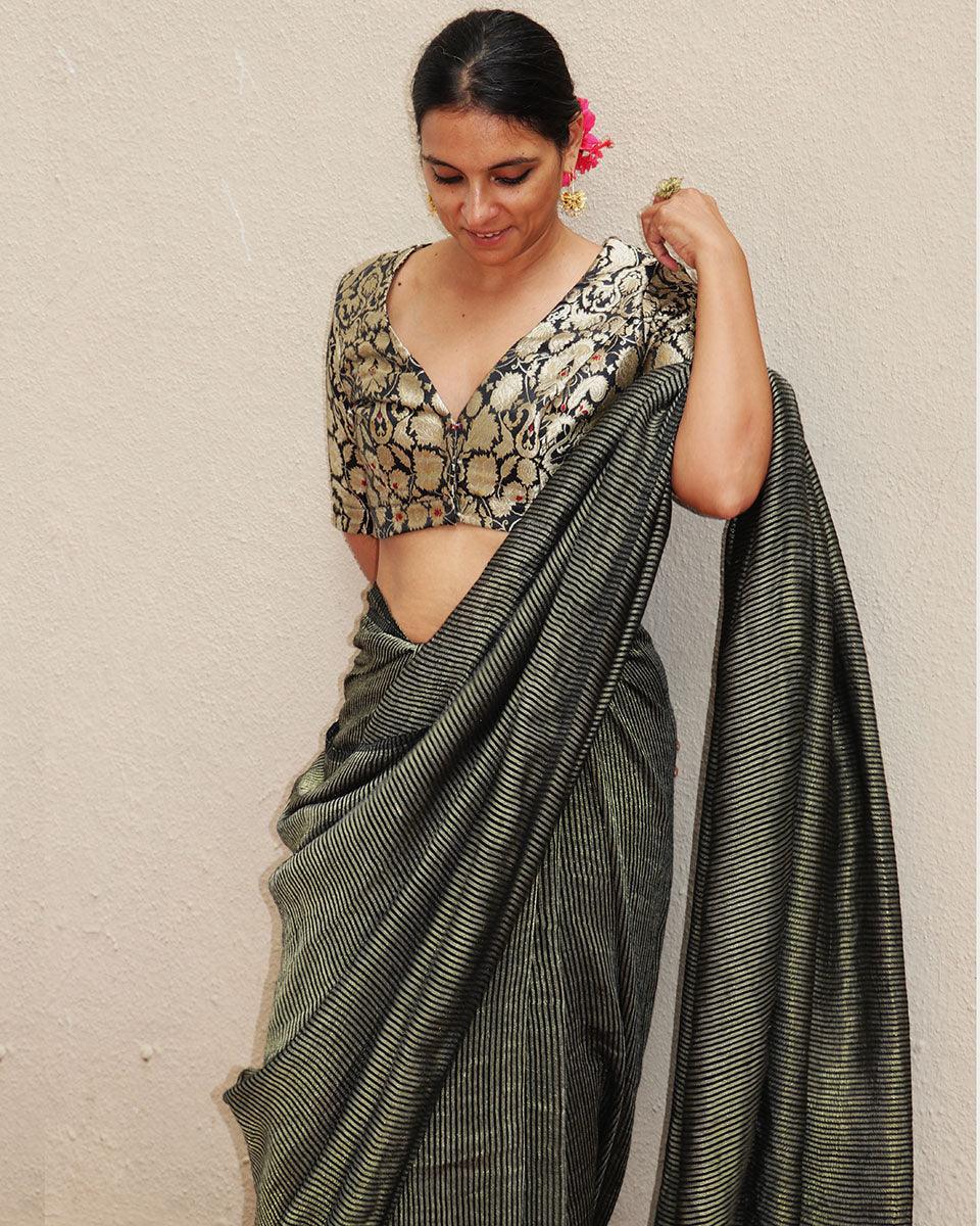 Jade Black Handwoven Linen Zari Saree - TOG - Image 5