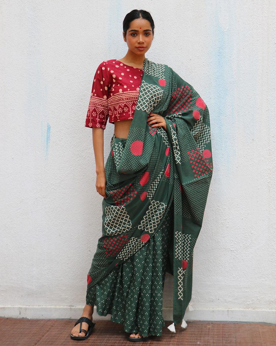 Juliet's Waltz Green Handblock Printed Cotton Saree - Image 2