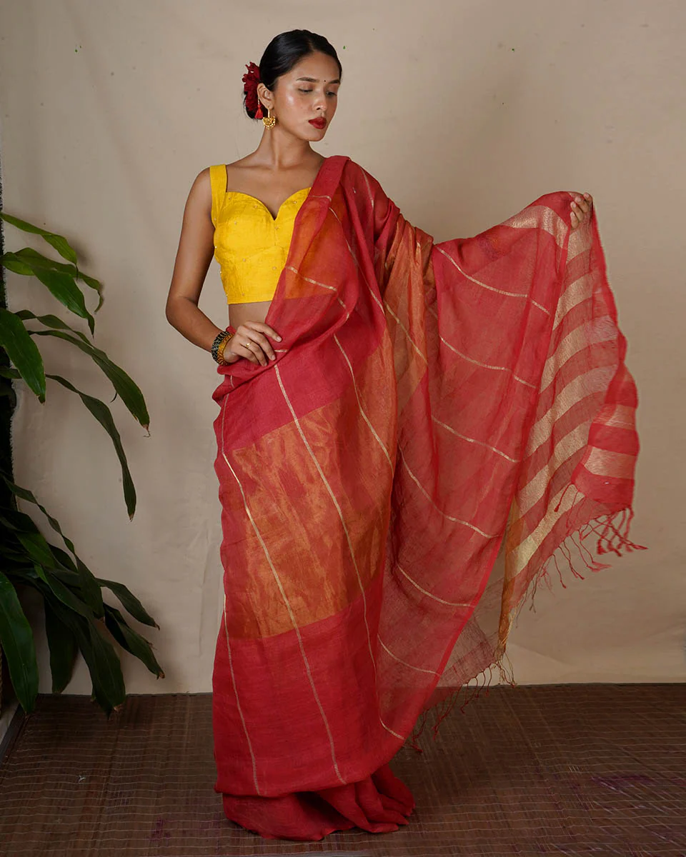 Jyotsna Maroon Handwoven Linen Zari Saree - Eknoor - Image 9
