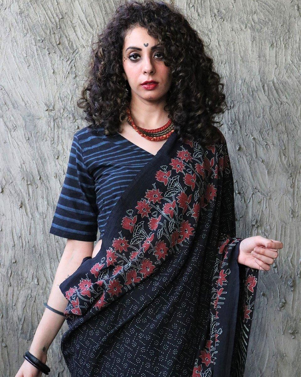 Nazmiyah Handblockprinted Cotton Saree - Kohl - Image 6