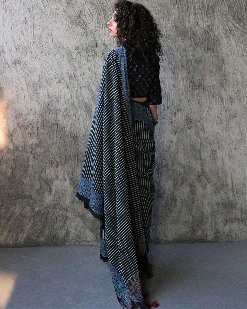 Gazal Handblockprinted Cotton Saree - Kohl - Image 6