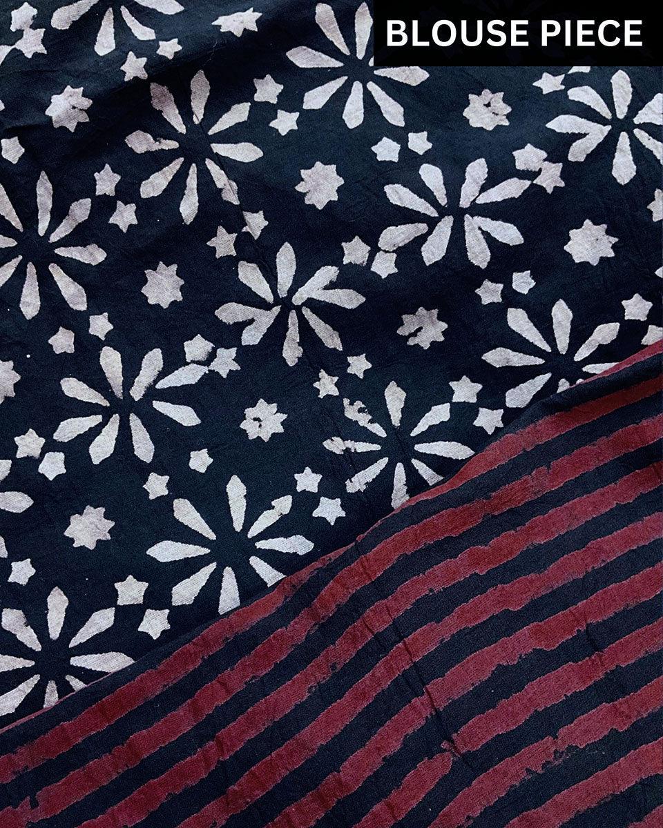 Kashton Hand Blockprinted Cotton Saree- Kohl - Image 4