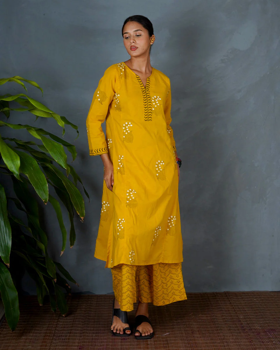 Kyra Yellow Hand Block Printed Cotton Kurta-MYA - Image 8