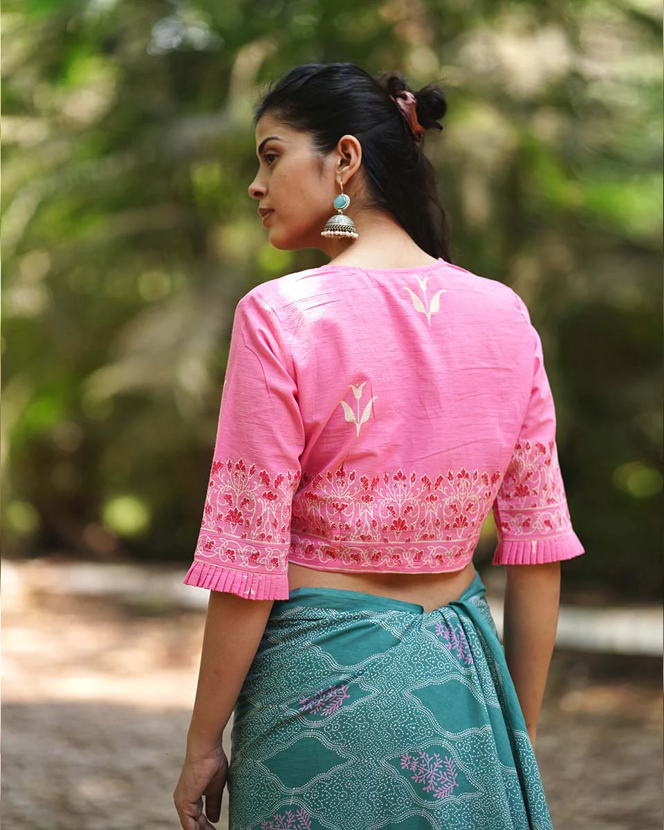 Lovely Lilacs Pink Handblock Printed Blouse - MMG - Image 3