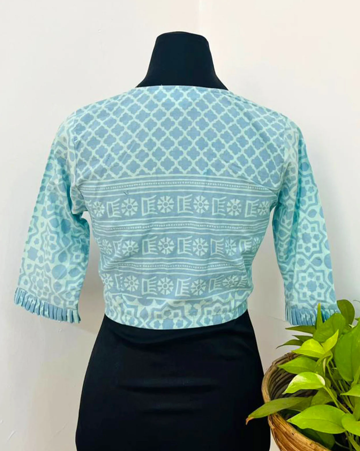 Madhubani Sky Blue Handblock Print Cotton Blouse - Noor - Image 3