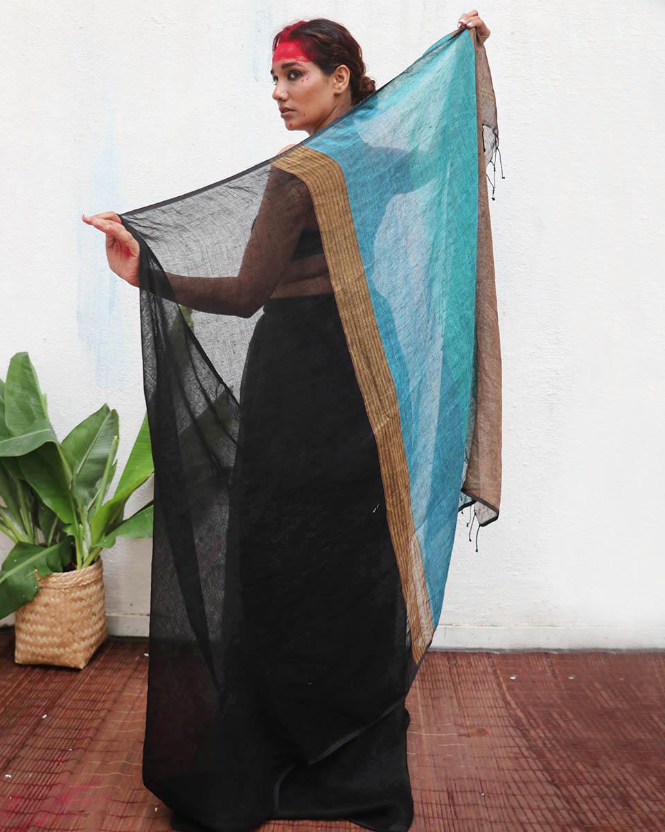 Mahamaya Black Handwoven Linen Saree - Kaali - Image 6