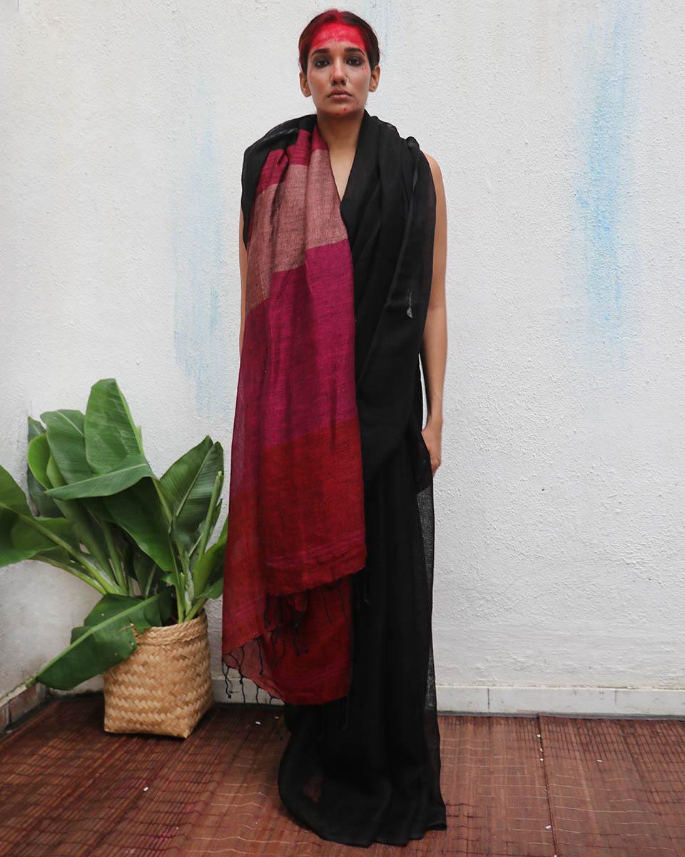 Maheshwari Black Handwoven Linen Saree - Kaali - Image 9