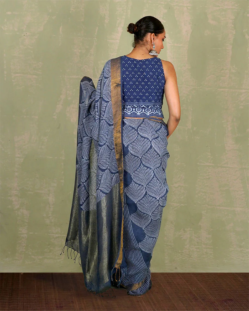 Malhari Blue Handblock Print Linen Saree - INDI - Image 3