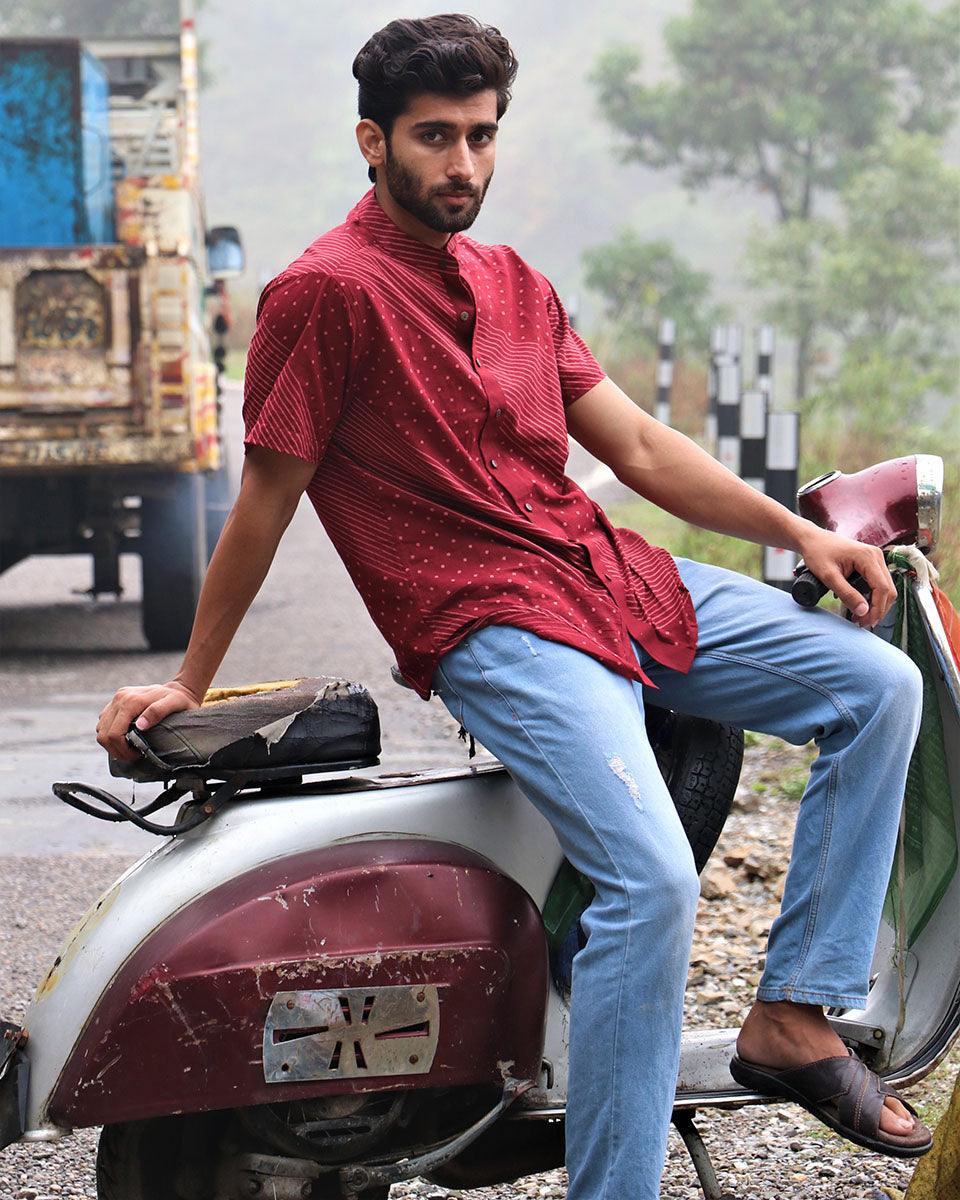 Maroon Block Printed Cotton Half-Sleeved Shirt - Image 7