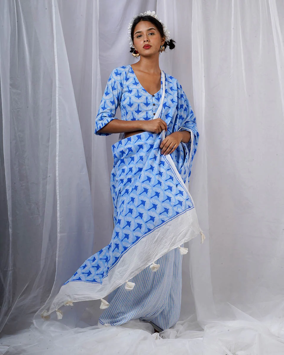 Maya Blue Hand Block Printed Saree-BAD - Image 2