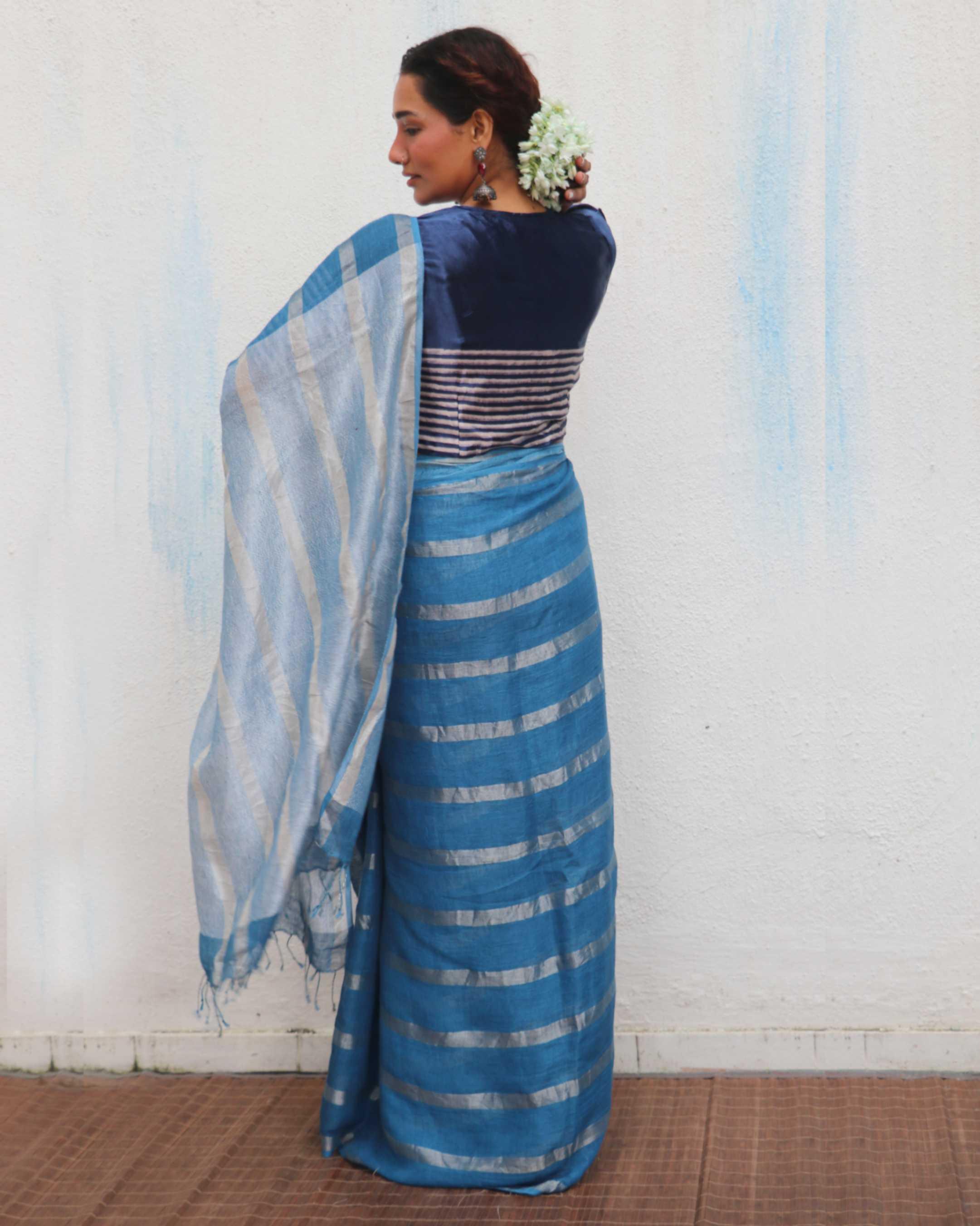 Megha Blue Handwoven Linen Zari Saree - Jheel - Image 9