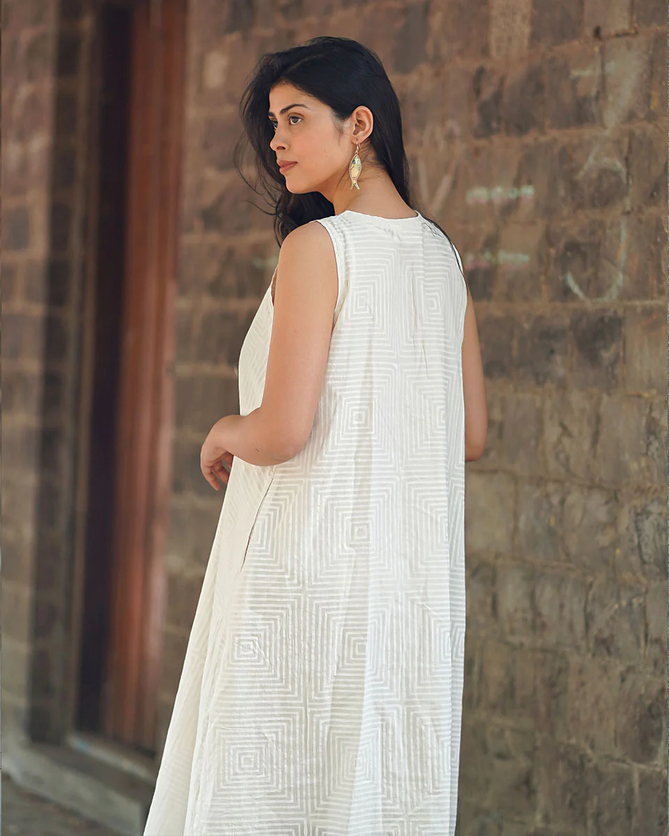 Melted Pearl Ivory Block Printed Dress - SFD - Image 5