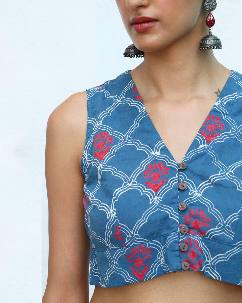 Midnight Floret Hand Block-Printed Cotton Blouse - Neelanjali - Image 2