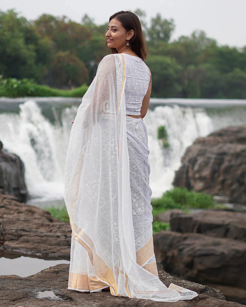 Milk Glass Kota Doria Ivory Block Printed Saree - SFD - Image 8