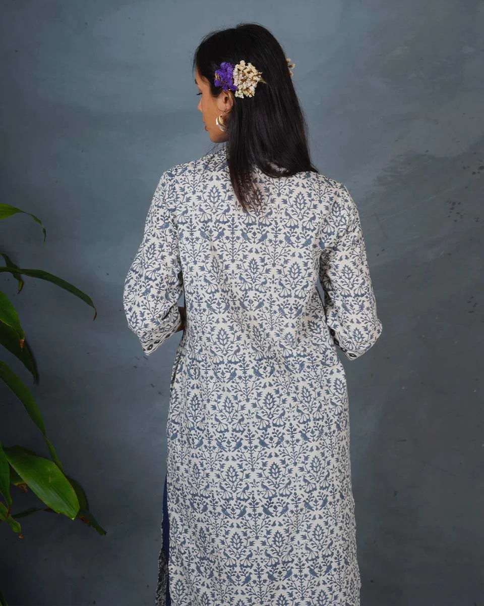 Monsoon Sea Grey Block Printed Cotton Kurti - BMS - Image 7
