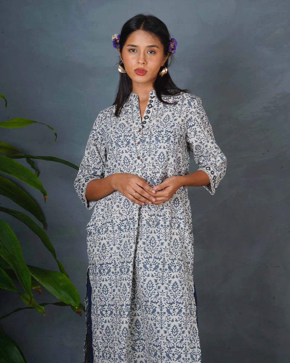 Monsoon Sea Grey Block Printed Cotton Kurti - BMS - Image 9