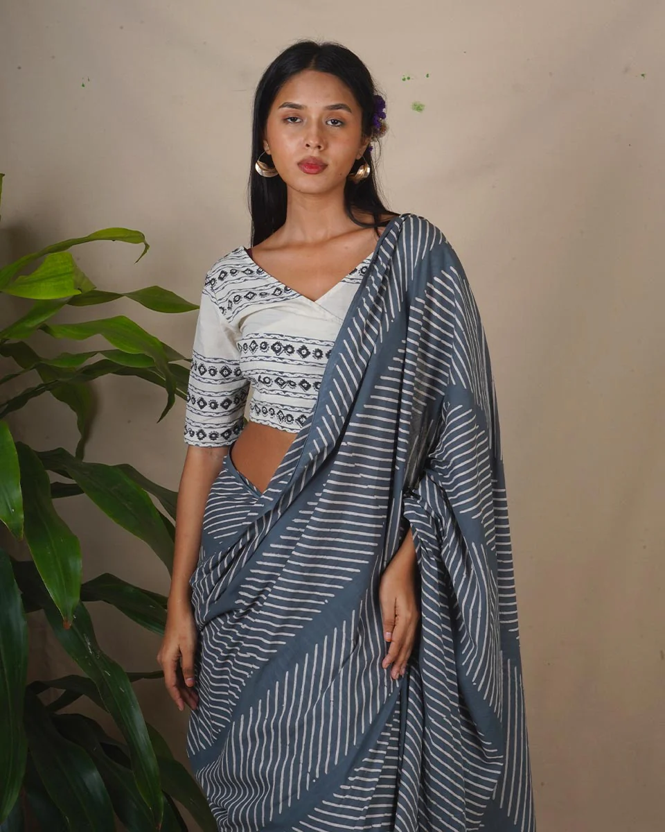 Moon Smoke Grey Block Printed Saree - BMS - Image 6