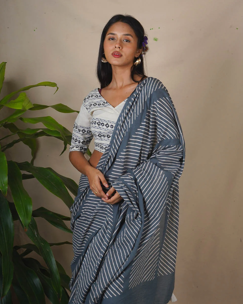 Moon Smoke Grey Block Printed Saree - BMS - Image 8
