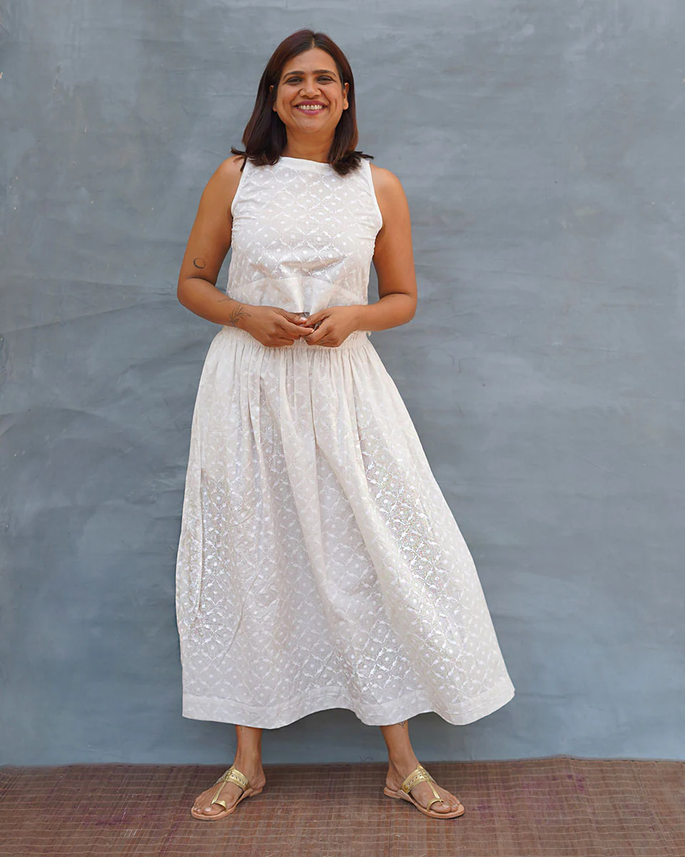 Moonflower White Handblock Print Cotton Top - Safed - Image 8