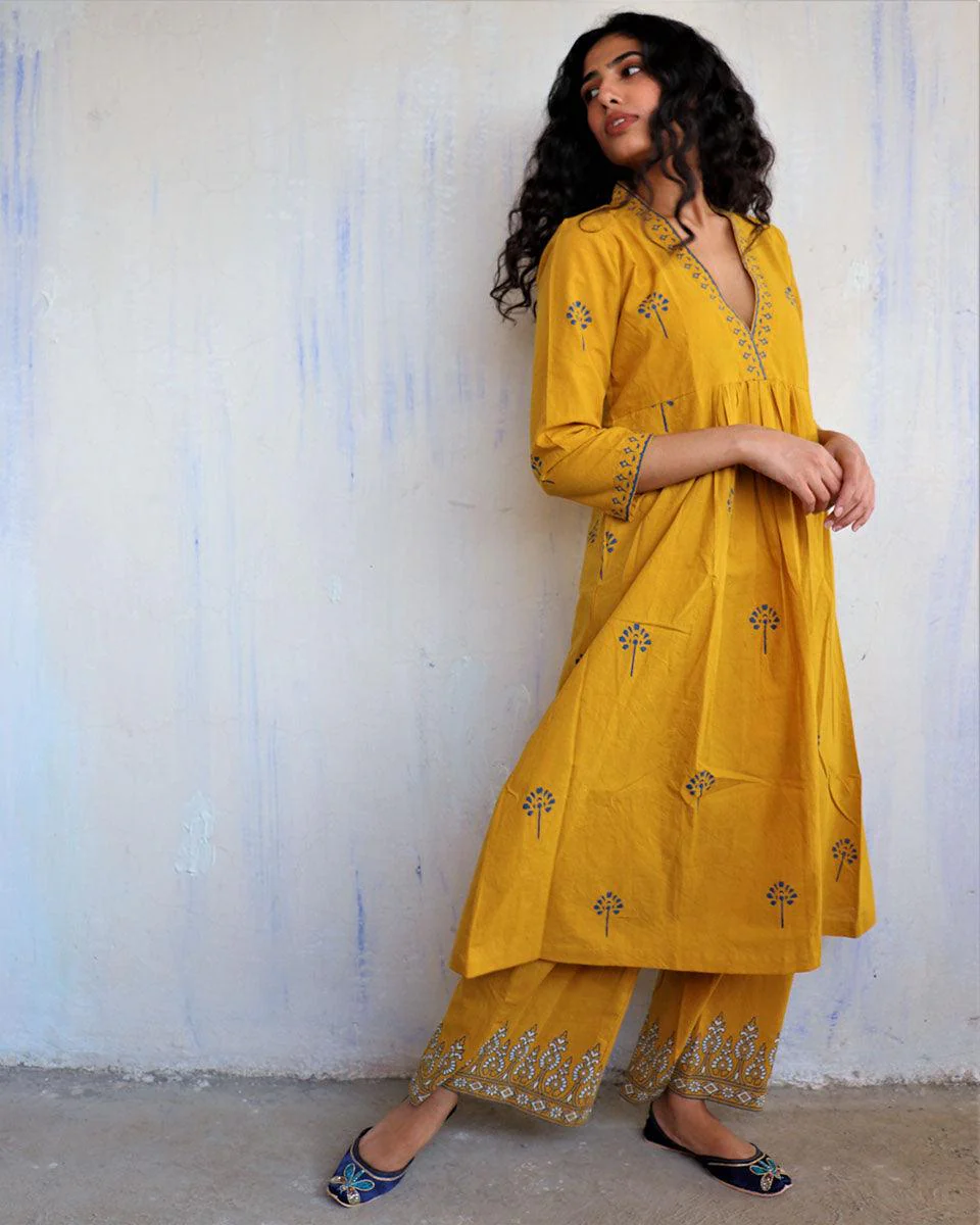 Mustard Block Printed Cotton Kurta Set Of 2 -Easy - Image 7