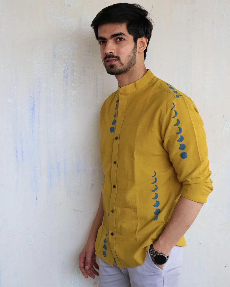 Mustard Eclipes Block-Printed Men'S Shirt - Image 6