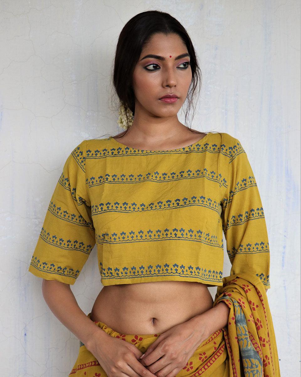 Mustard Handprinted Crop Top Cotton Blouse - God - Image 4