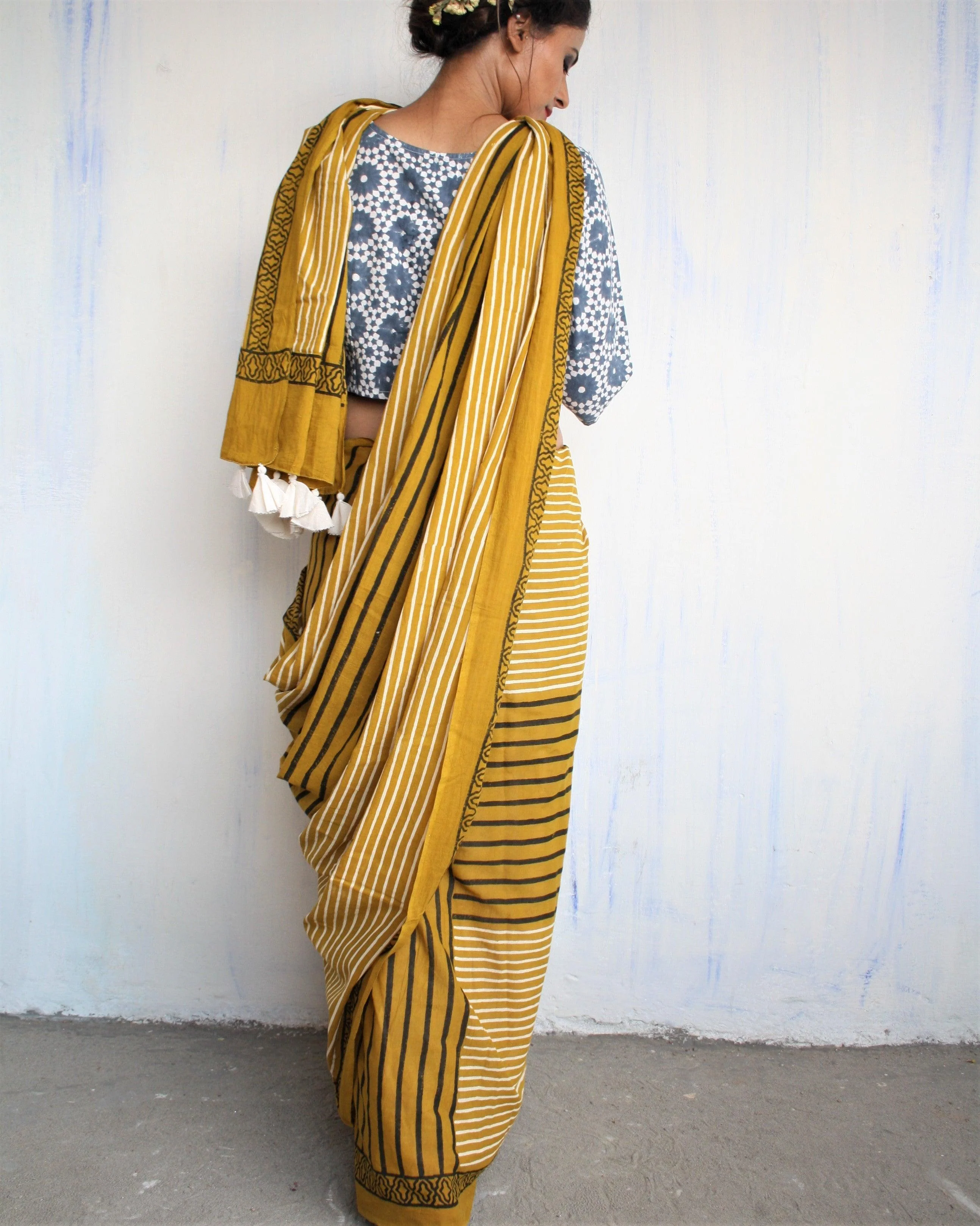 Mustard & White Striped Pure Cotton Block Print Saree - Image 5
