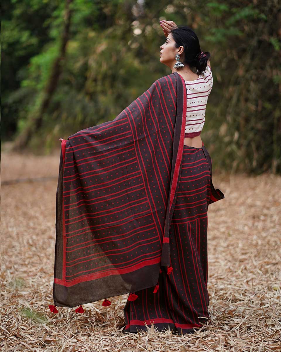 Nadiya Kinare Brown Hand Block Printed Cotton Saree - WW - Image 8
