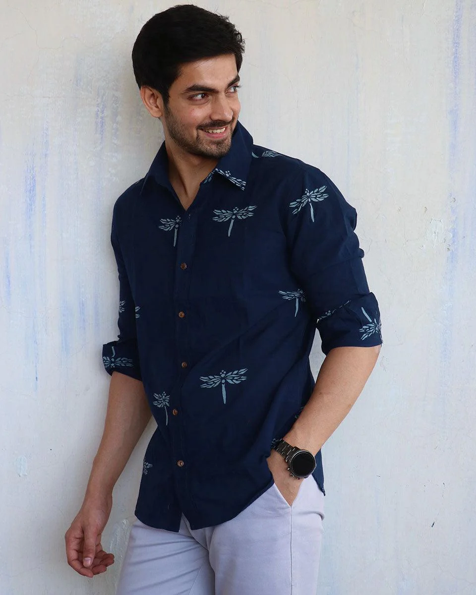 Navy Blue Dragonfly Block-Printed Men'S Shirt - Image 5