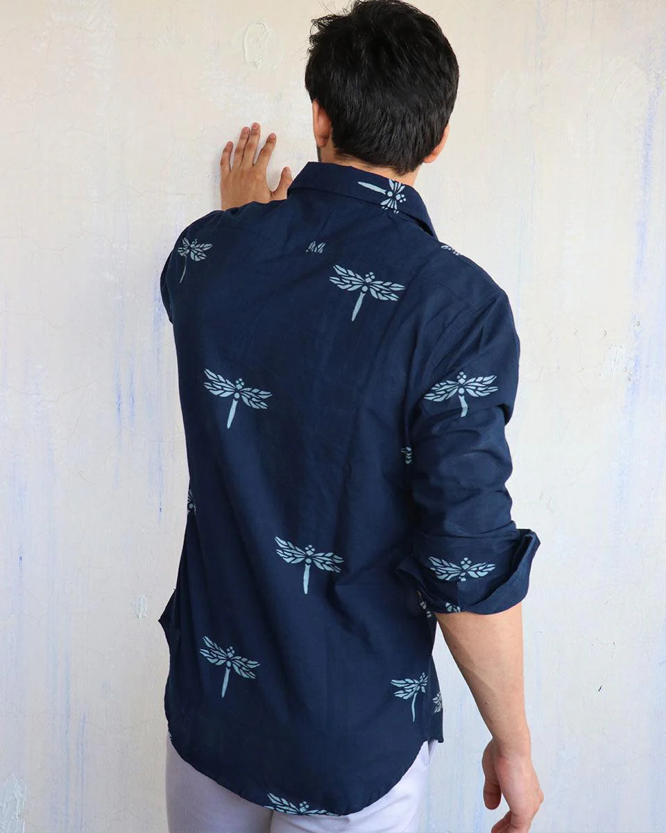 Navy Blue Dragonfly Block-Printed Men'S Shirt - Image 8