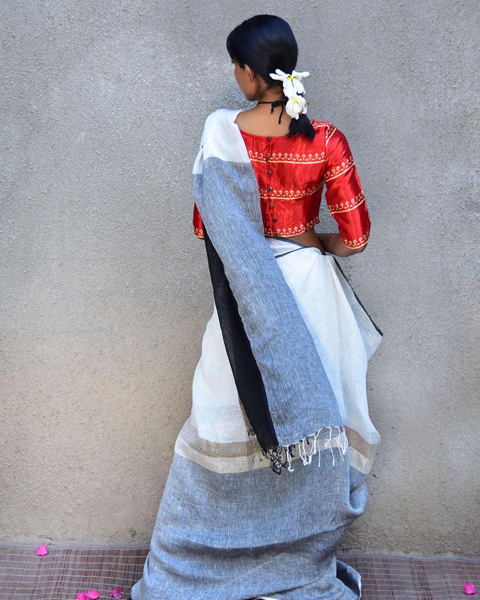 Neoma Handwoven Linen Saree-Stardust - Image 7
