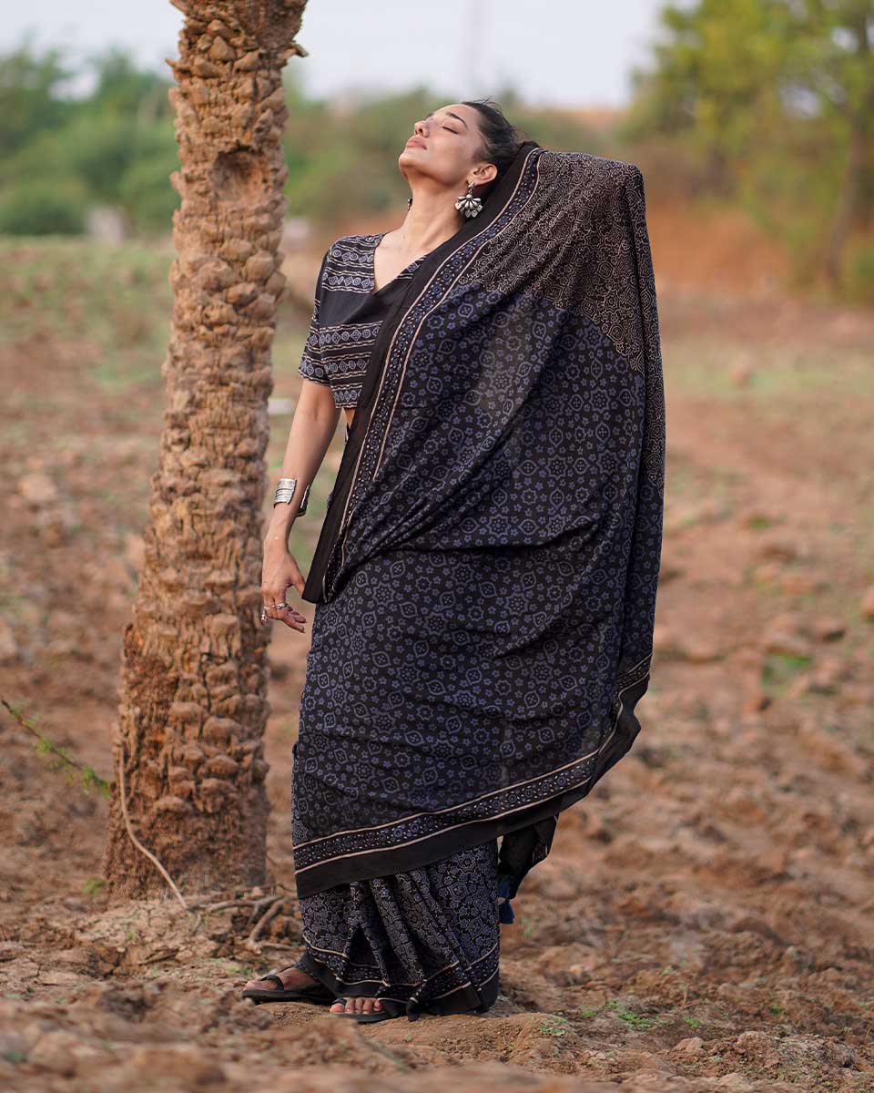 Nightscented Orchids Blockprinted Cotton Saree-WWB - Image 5