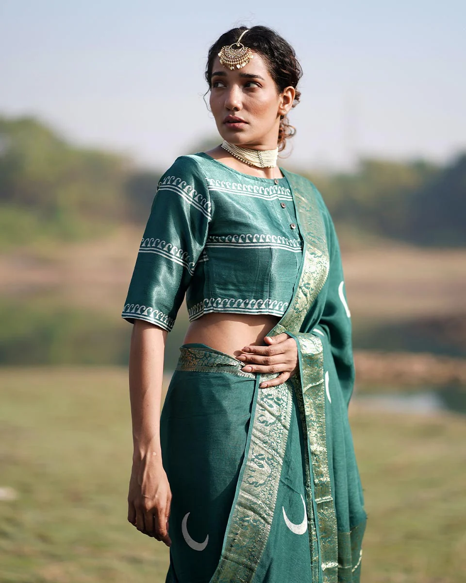 Nitya Blockprinted Mashru Silk Blouse - RB - Image 3