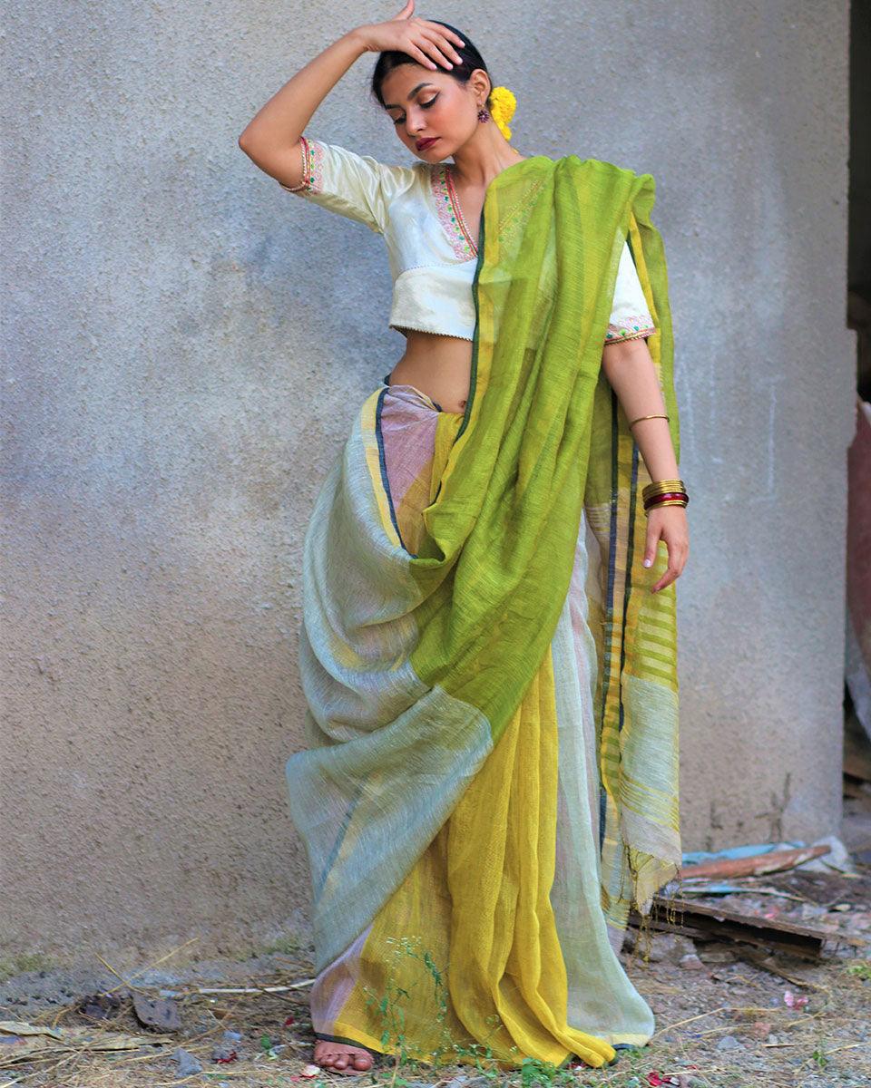 Noor Handwoven Linen Zari Saree - Gazala - Image 2