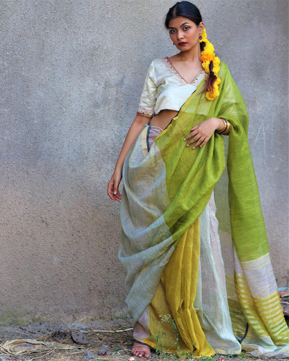Noor Handwoven Linen Zari Saree - Gazala - Image 4