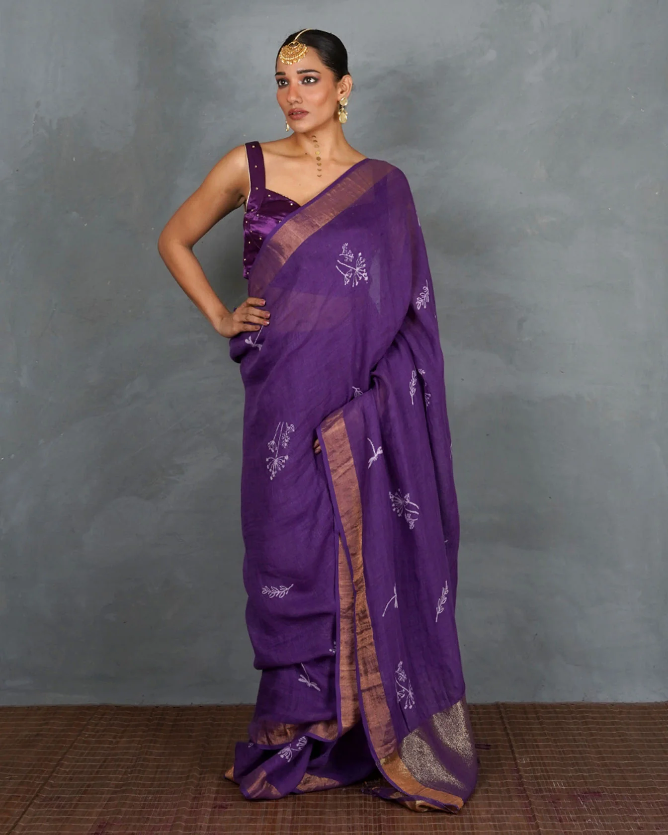 Noori Royal Purple Handblock Linen Saree - TARA