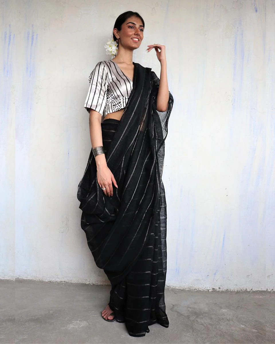 Nutan Handwoven Linen Zari Saree- Yesterday - Image 4