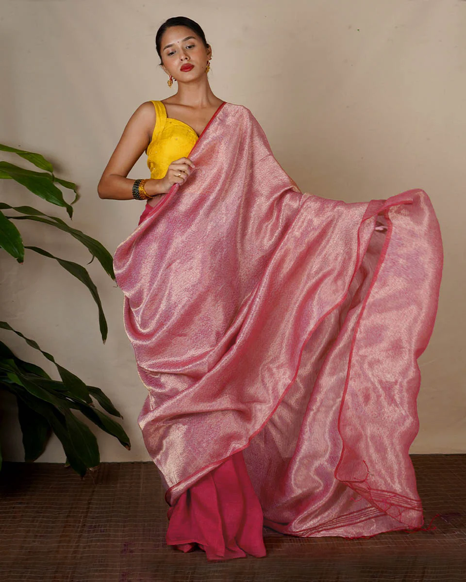 Ojaswee Rani Pink Handwoven Linen Zari Saree - Eknoor - Image 10