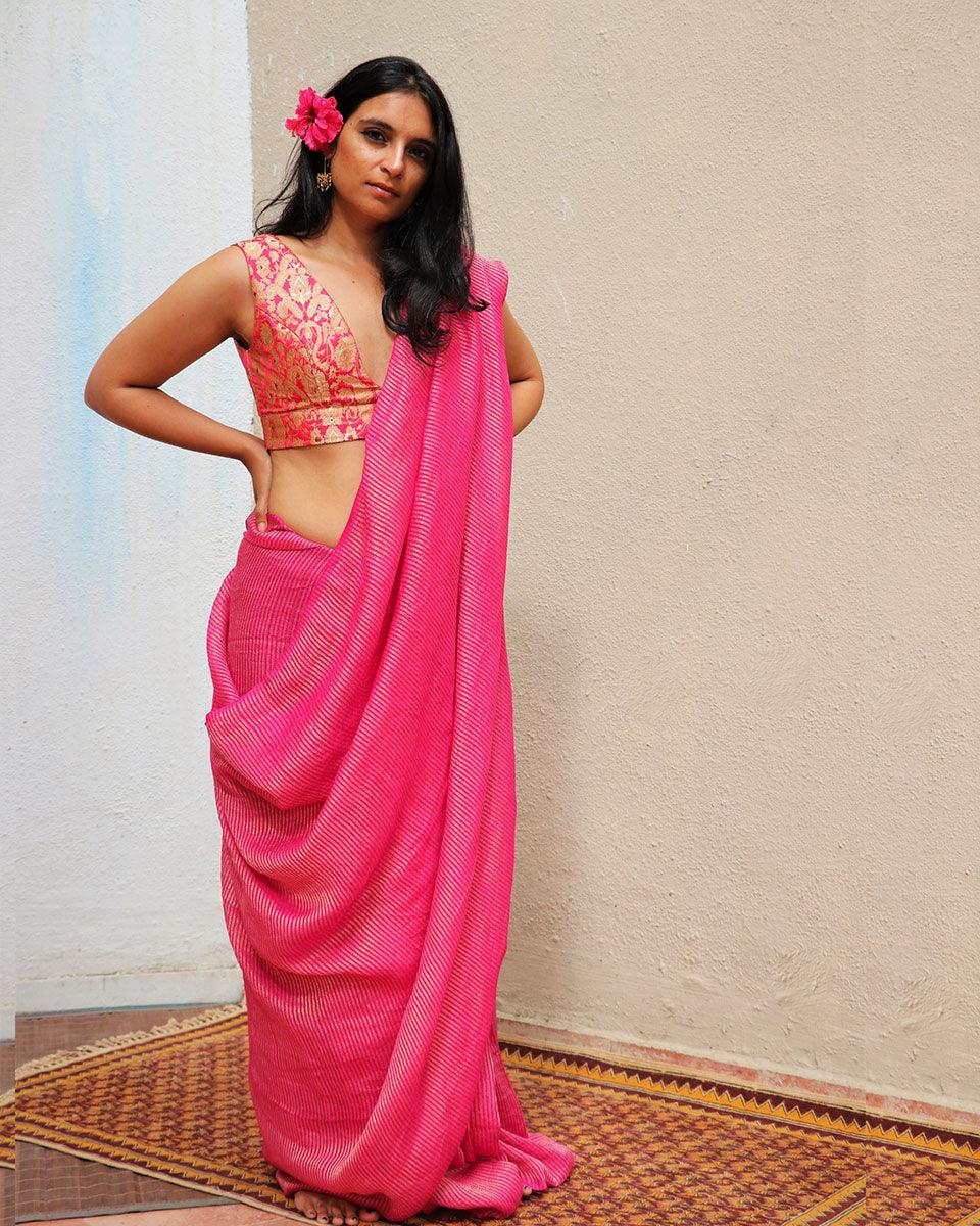 Opal Pink Handwoven Linen Zari Saree - TOG