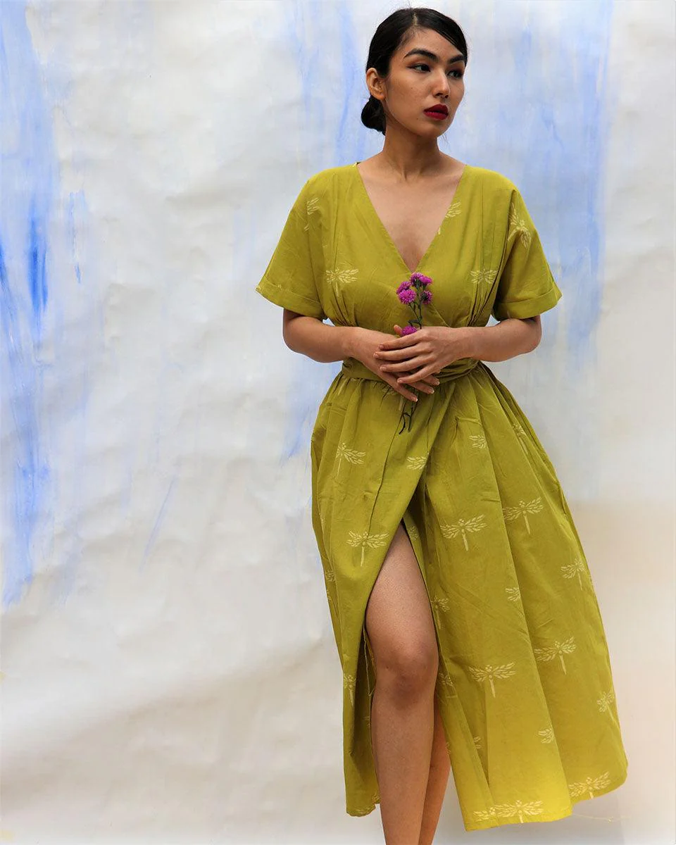 Parrot Green Handprinted V Neck Pure Cotton Dress -Skd - Image 2