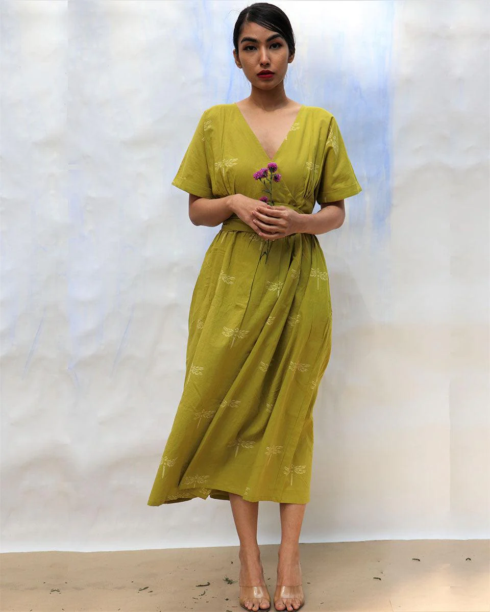 Parrot Green Handprinted V Neck Pure Cotton Dress -Skd - Image 7