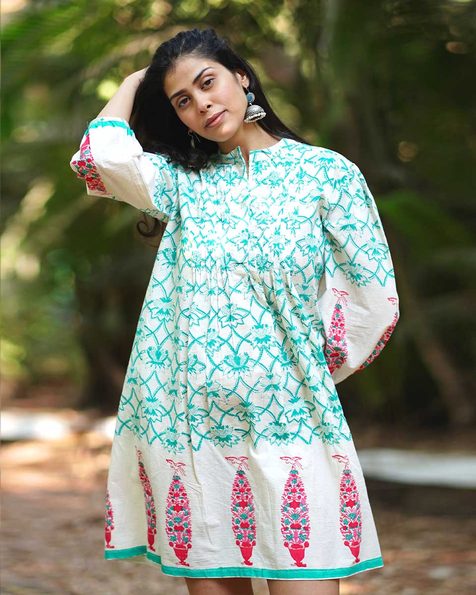 Petuniaas Poise Teal Green Block Printed Cotton Dress - MMG - Image 7
